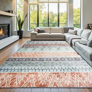 8x10 Washable Bohemian Print Area Rug with Geometric Pattern,Non-Slip Backing Indoor Modern Floor Mat,Low Pile Rug for Living Room,Bedroom,Dining Room,Dorm Home Decor, Red, Light Grey, Green,4x6,5x7,6x9,8x10 Feet