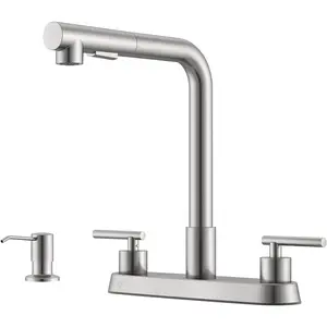 2 Handle Kitchen Faucets, Kitchen Faucet with Pull Down Sprayer, 4 Hole Kitchen Faucets, Brushed Nickel Kitchen Faucet with Soap Dispenser, Stainless Steel Faucet for Kitchen Sink, RV, Bar