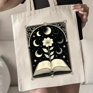 Mystical Book & Flower Canvas Tote Bag - Reusable, Shopping & Grocery Bag with Moon Phases & Floral Print - Machine Washable, Beige
