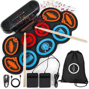 Drum Set 9 Pad, Portable Roll Up Drum Kit with USB MIDI & , Built-in Speakers, Foot Pedals, Rechargeable , Compact Practice Drum Pad for Beginners & Adult Musicians