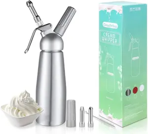 GreatWhip Whipped Cream Dispenser Highly Durable Aluminum Whipped Cream Maker 500ml /1 Pint Large Capacity Cream Whipper with 3 Stainless Steel Nozzles & Cleaning Brush Kitchen Bakeware Desserts Metal