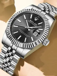 Luxury Business Men's Watch, Analog Quartz Watch, Elegant Round Dial, Waterproof Calendar Display, Butterfly Clasp Stainless Steel Strap, Casual Style, All Seasons
