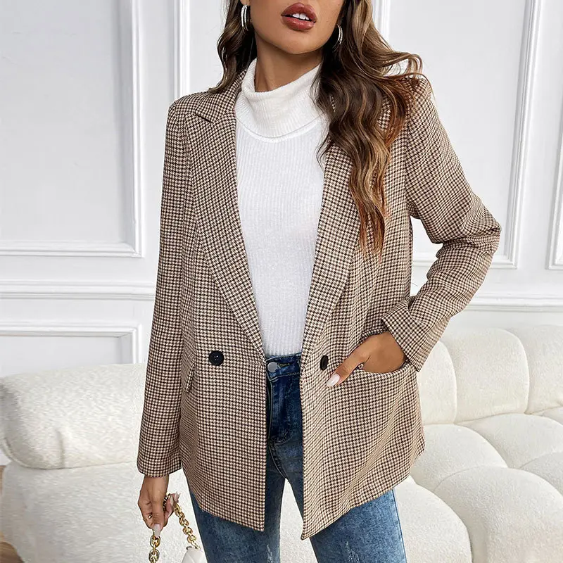Vintage Houndstooth Suit Jacket for Women, Oversized Lapel Long Sleeve Blazer, Casual Commuter Outer Coat for Fall Black Womenswear