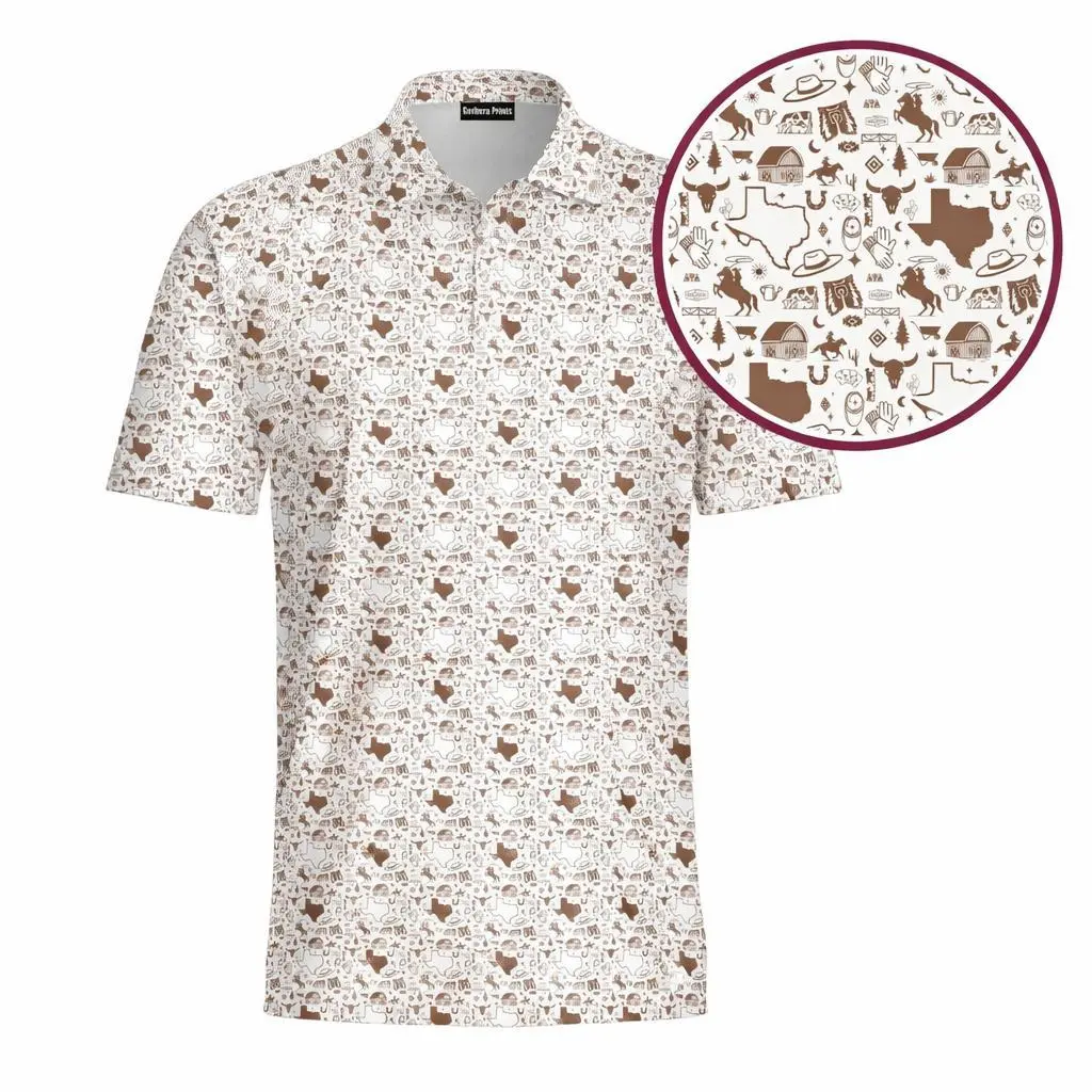 Men's Brown White Western Texas Cowboy Performance Golf Polo Made in USA