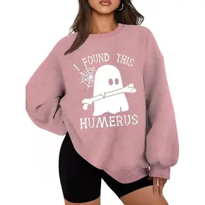 Women’s Ghost & Letter Print Drop Shoulder Sweatshirt, Casual Long Sleeve Crewneck Pullover for Everyday Wear, Ladies’ Clothing for All Seasons, Halloween