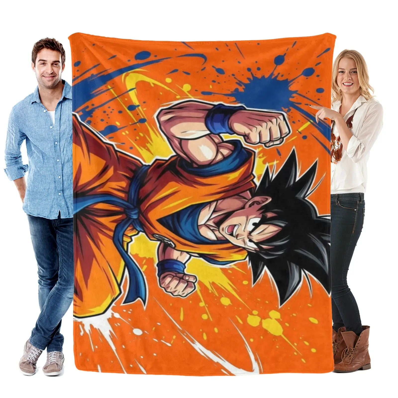 Dragon Ball Orange Splash Goku Blanket, Plush Fleece Anime Goku Bedding, For Guys Dorm Room Decor
