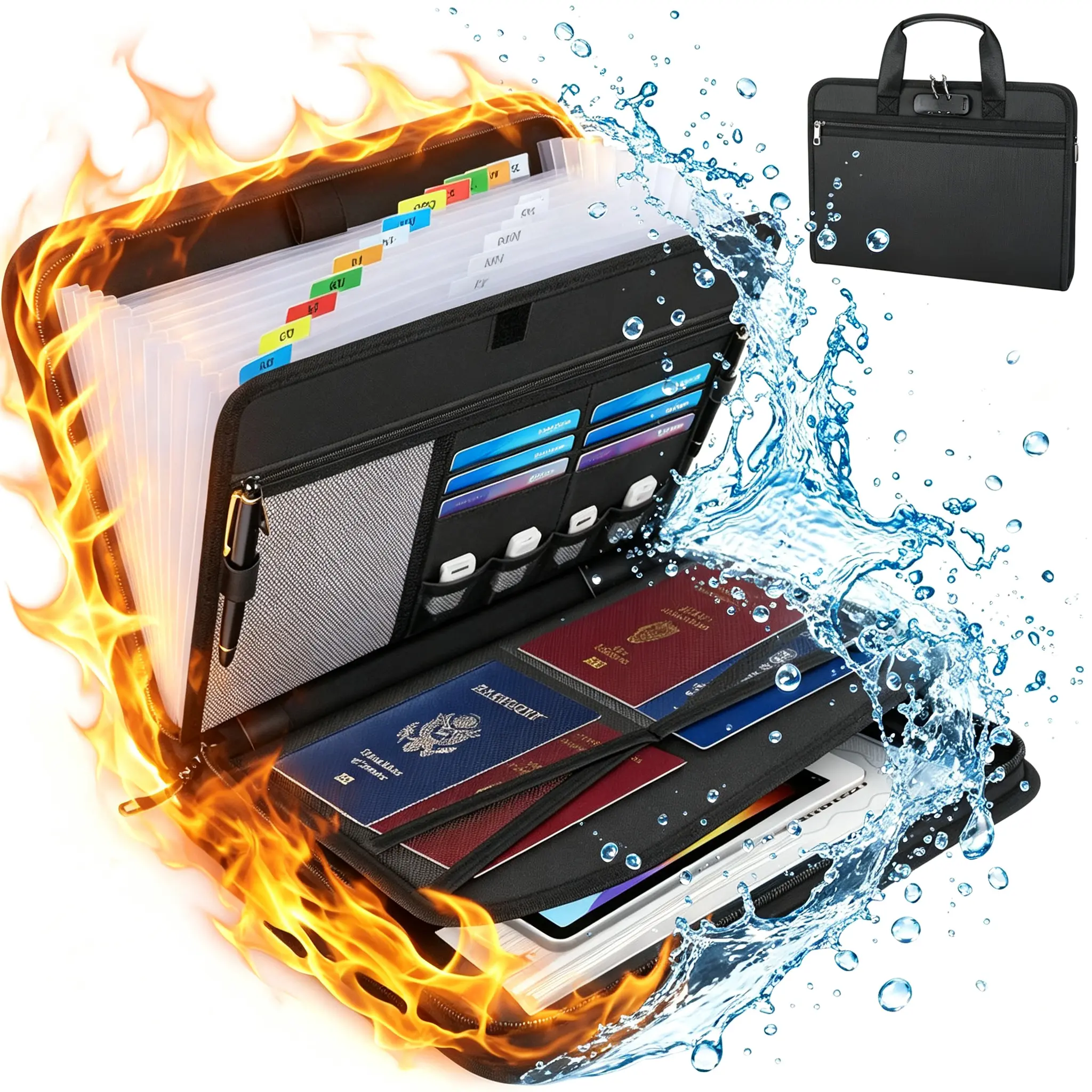 Fireproof File Folder Handbag, Synthetic Accordion Expanding File Organizer - Large-Capacity Storage Organization for Business Professionals with Handle and Fireproof Labels Included for Business Trips, Protection of Important Documents