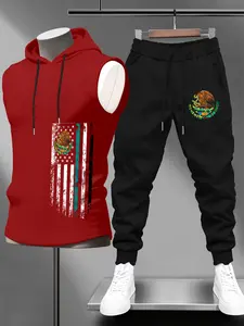 Men's Loose Fit Patriotic Streetwear Two-Piece Set, American Mexican Flag Print Hoodie & Sport Pants, Casual Breathable