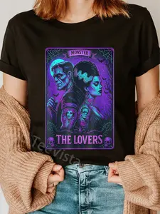 100% Cotton The Monster Frankenstein And Bride The Lovers Tarot Card T-Shirt