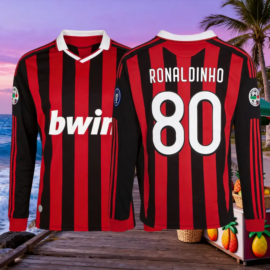 Ronaldinho 2009-10 Retro Home Blue Red No.10 No.80 Long-sleeved Soccer Jersey