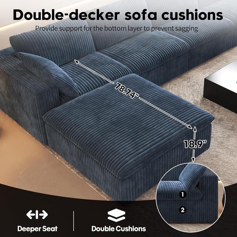 ARCH 78.74" L Shaped Modern Sofa Modular Sectional Cloud Couch with Ottoman,Upholstered Couches with Plush Corduroy Fabric for Living Room Furniture,Bedroom and Apartment,No Assembly Required,Blue