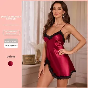 Fashion Design Sense Lace Edge Halter Nightdress Imitation Silk Women's Home Wear Simple Casual Pajamas Sleepwear