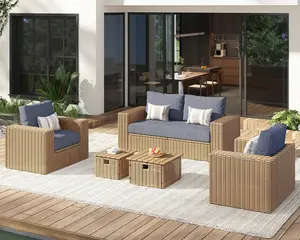 VanAcc 5 Piece Outdoor Patio Furniture Sets, All Weather Wicker Conversation Set, Rattan Sofa Chair with Washable Cushions & 2 Coffee Tables for Garden, Poolside, Backyard, Brown+Grey