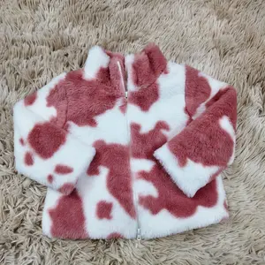 Long sleeves cowhide printed double-ended zipper fur jacket kids girls fall winter coat