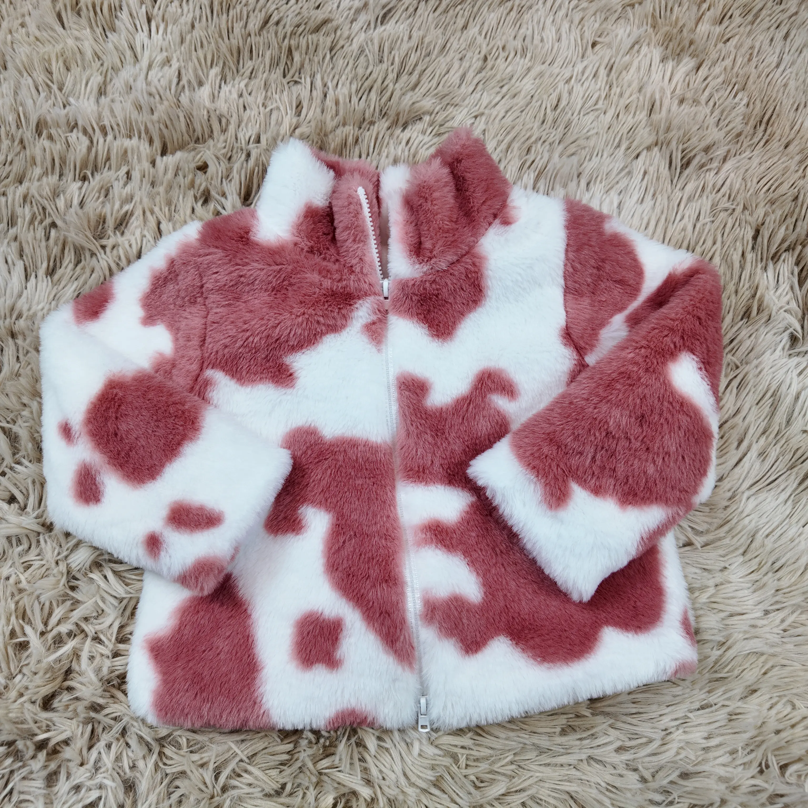 Long sleeves cowhide printed double-ended zipper fur jacket kids girls fall winter coat