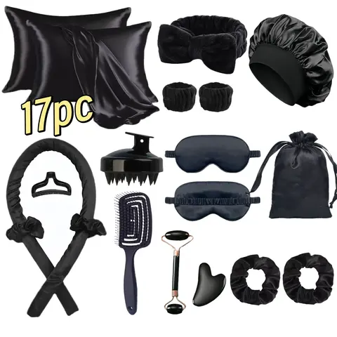 17-Piece Satin Hair Care & Beauty Spa Gift Set, Including Pillowcase, Hair Cap, Eye Mask, Scalp Massager & Facial Roller, Relaxing Skincare Tools