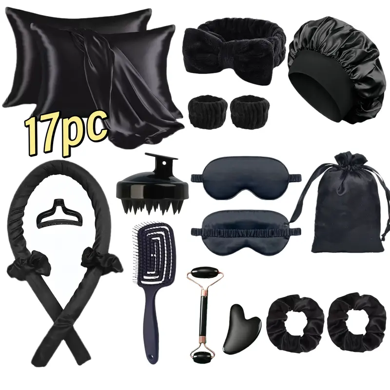 17-Piece Satin Hair Care & Beauty Spa Gift Set, Including Pillowcase, Hair Cap, Eye Mask, Scalp Massager & Facial Roller, Relaxing Skincare Tools