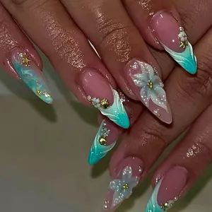 SHEDARES Ocean Breeze – Handmade Aqua Blue Stiletto Press-On Nails with 3D Flowers, Gold Foil & Pearl Accents – Luxury False Nails for Weddings, Vacations & Parties