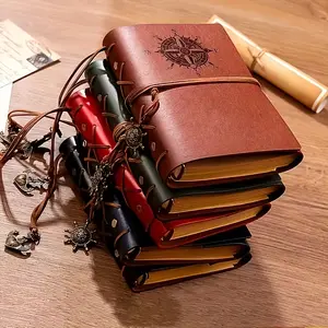 1Pcs Vintage Leather Notebook with a Matte Finish And Two Black And Golden Gel Pens, Featuring a Retro Pirate-Themed Nautical Compass Design. The Hardcover Diary Is Equipped with a Metal Clasp And Spiral Binding Hardcover Notebooks