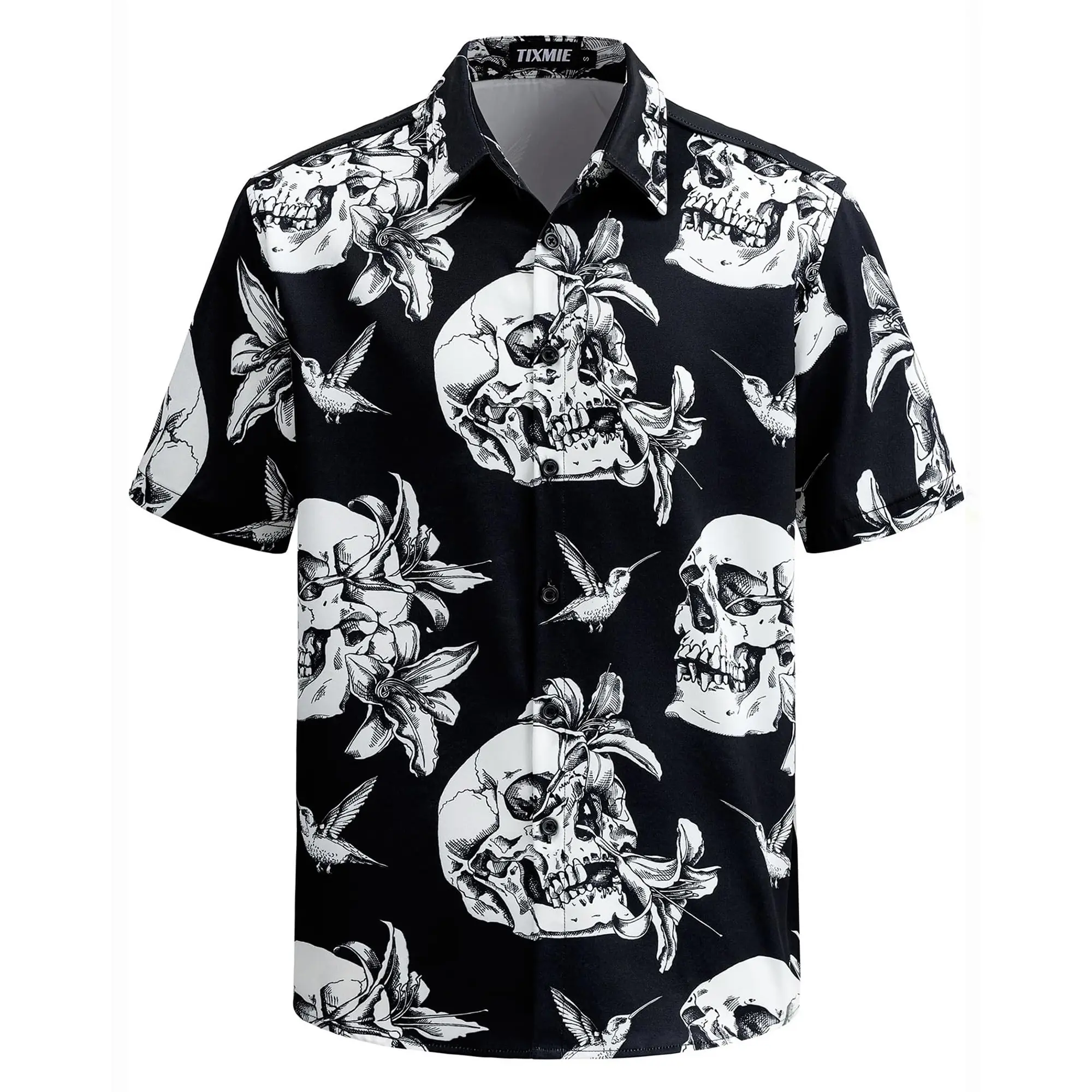 TIXMIE Menswear Short-Sleeve Button-Down Shirt, Men's Black Cotton Floral Skull Hummingbird Hawaiian Top for Tropical Holiday & Halloween,summerwins,father'sdaygifts,back to school,back to school shopping