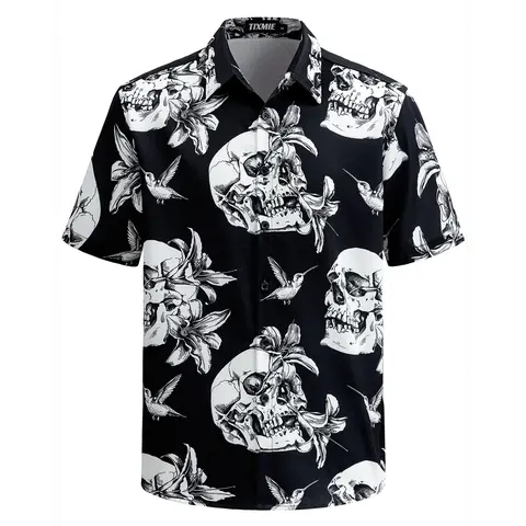 TIXMIE Men's Short-Sleeve Button-Down Hawaiian Shirt - Black, Featuring Graphic Floral, Skull, Hummingbird Prints, Ideal for Tropical Holidays, Halloween Parties, Father's Day Gifts