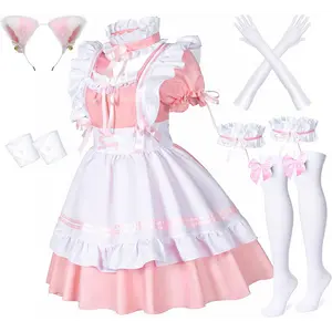 Anime style, French maid outfit, ears, gloves, socks, arm cuffs, thigh cuff set. Black and pink. Sizes S-XXXL ，cosplay， Dress up toys toytok