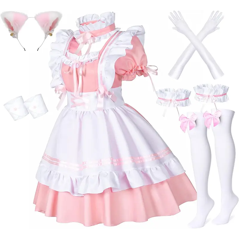 Anime style, French maid outfit, ears, gloves, socks, arm cuffs, thigh cuff  set. Black and pink. Sizes S-XXXL cosplay Dress up toys toytok - TikTok  Shop