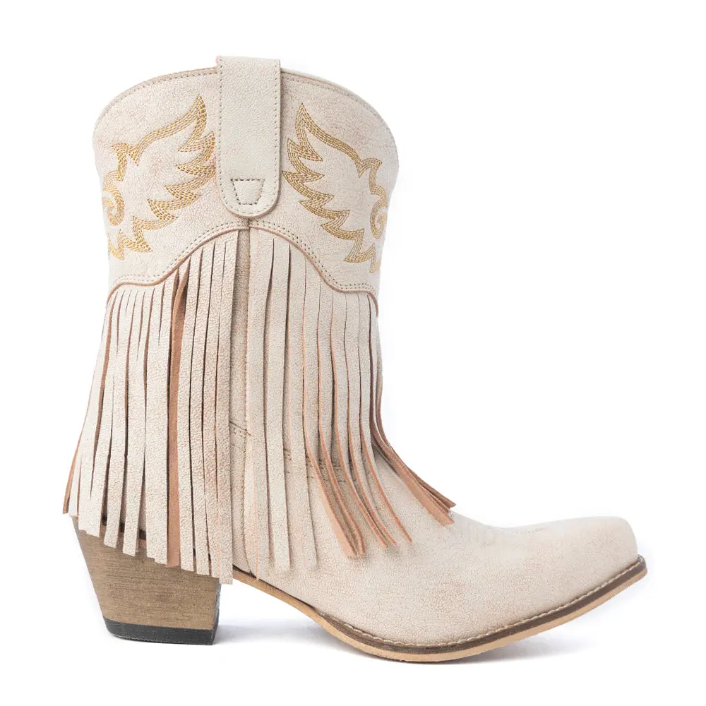 Women's Elegant Cowgirl Footwear - Ivory Leather Western Ankle Shoe Booties with Golden Embroidery, Side Fringe, Snip Toe