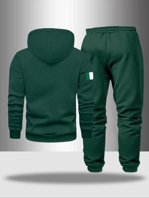 Men's Letter Print Casual Sportswear Set, Hooded Sweatshirt & Drawstring Pants, Fall Winter Comfortable, 2 Piece Set, Sweatsuit Set Outfit