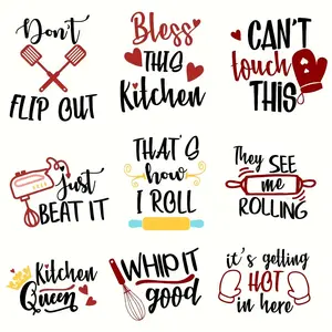 Kitchen Themed Heat Transfer Sticker, 9 Counts/set Fun DIY Iron-on Decals for T-shirts, Jeans, Masks & Backpacks, Vinyl Material, Mixed Colors, DIY Craft Supplies