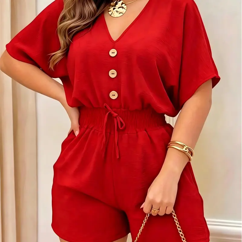 Women’s Minimalist Tie-Detail Ruched High-Waist V-Neck Overalls - Slimming Elastic Fit, Casual Short Sleeves, Back Zipper, Retro Clothes for Women, Trendy Party & Everyday Wear, Suitable for Spring-Summer-Autumn