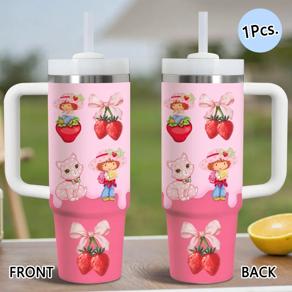 Strawberry Shortcake Vacuum Flasks 40oz Stainless Steel Vacuum Insulated Tumbler with Handle & Straw, Leak-Resistant Travel Mug, Long-Lasting Cold Drinks, Iced Coffee & Water Cup for Office, Gym & Travel, Drinkware, Stainless Steel Tumblers