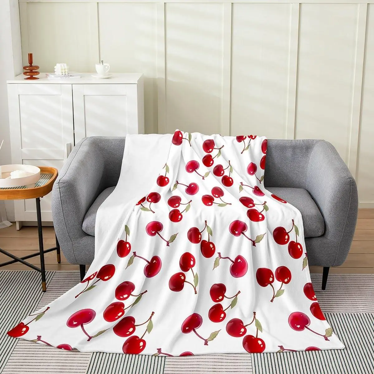 Red Cherry Fleece Throw Blanket Kids Cherry Pattern Flannel Blanket Plush Fuzzy for Sofa Couch Boys Girls Teens Cute Fruit Jade White All Season