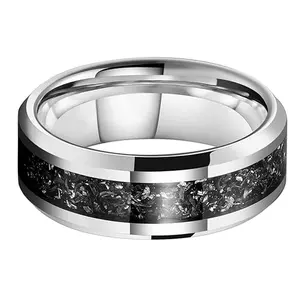Silver Tone Tungsten Wedding Band 8MM Beveled Edge Black Titanium Inlay Mens Engagement Ring