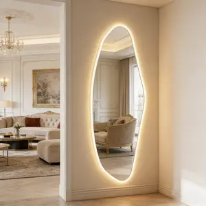 16565Y02-Irregular LED Full Length Mirror, Tempered Glass Asymmetrical Wall Mounted Dressing Mirror with 3 Color Dimmable Lights, Modern Aesthetic Full Body Mirror for Bedroom Living Room