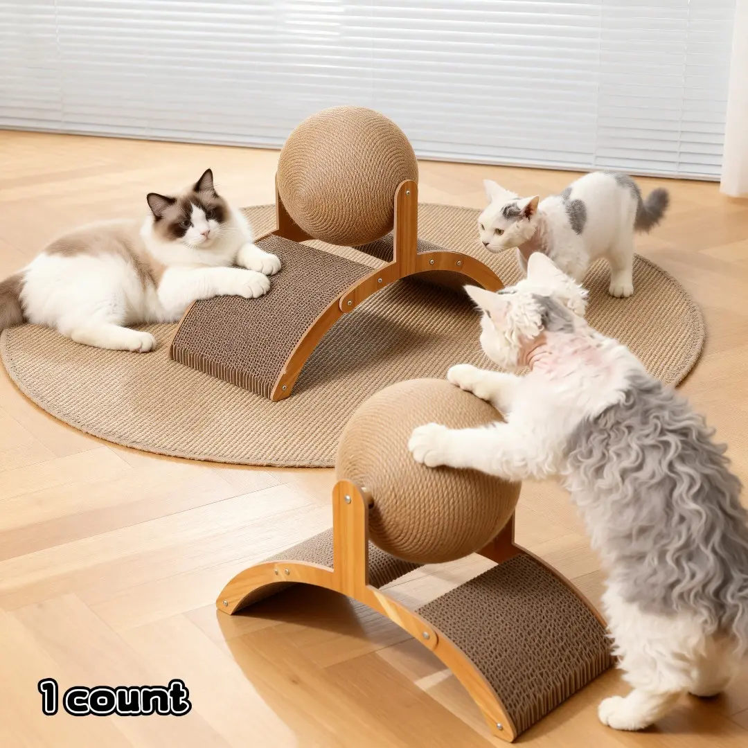 Cool Arch Bridge & Ball Scratcher Pad Durable Natural Sisal Rope with Wood Stand, Wear Resistant Scratching Post for Indoor Home Cats, Stylish Cat Accessories for Play and Scratching