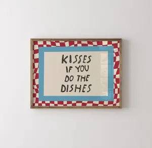 Kisses if You Do the Dishes Print Funny Retro Kitchen Wall Art Red Checkered Blue Hand Drawn Humor Dining Room Decor Couple Gift Home Poster