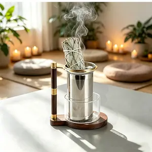 Sage & Palo Santo Burner, Glass Ash Remover + Stainless Steel Filter + Ebony Wood Handle Base, Yoga Meditation Stand, Zen Home Decor