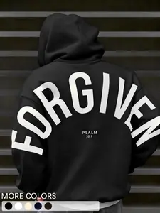 1 Piece Unisex Christian Streetwear Casual Long Sleeves Fitted Hoodie, "FORGIVEN" Back Print with Psalm 32:1 Verse, Soft Fleece-Lined Sweatshirt for Church Youth Groups and Daily Faith Expression