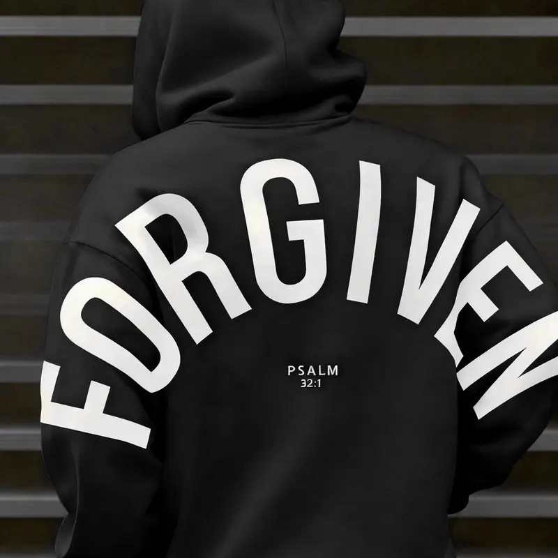 1 Piece Unisex Christian Streetwear Casual Long Sleeves Fitted Aesthetic Hoodie Tops, "FORGIVEN" Back Print with Psalm 32:1 Verse, Soft Fleece-Lined Sweatshirt for Church Youth Groups and Daily Faith Expression, Heavyweight Streetwear Sweatshirts