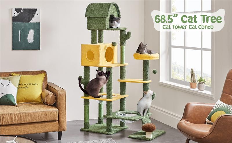 Yaheetech 68.5in Cactus Cat Tree, Large Cat Tree for Indoor Cats, Multi-Level Cat Tower with 2 Large Condo, Scratching Posts, 2 Acrylic Clear Bowls and Dangling Balls