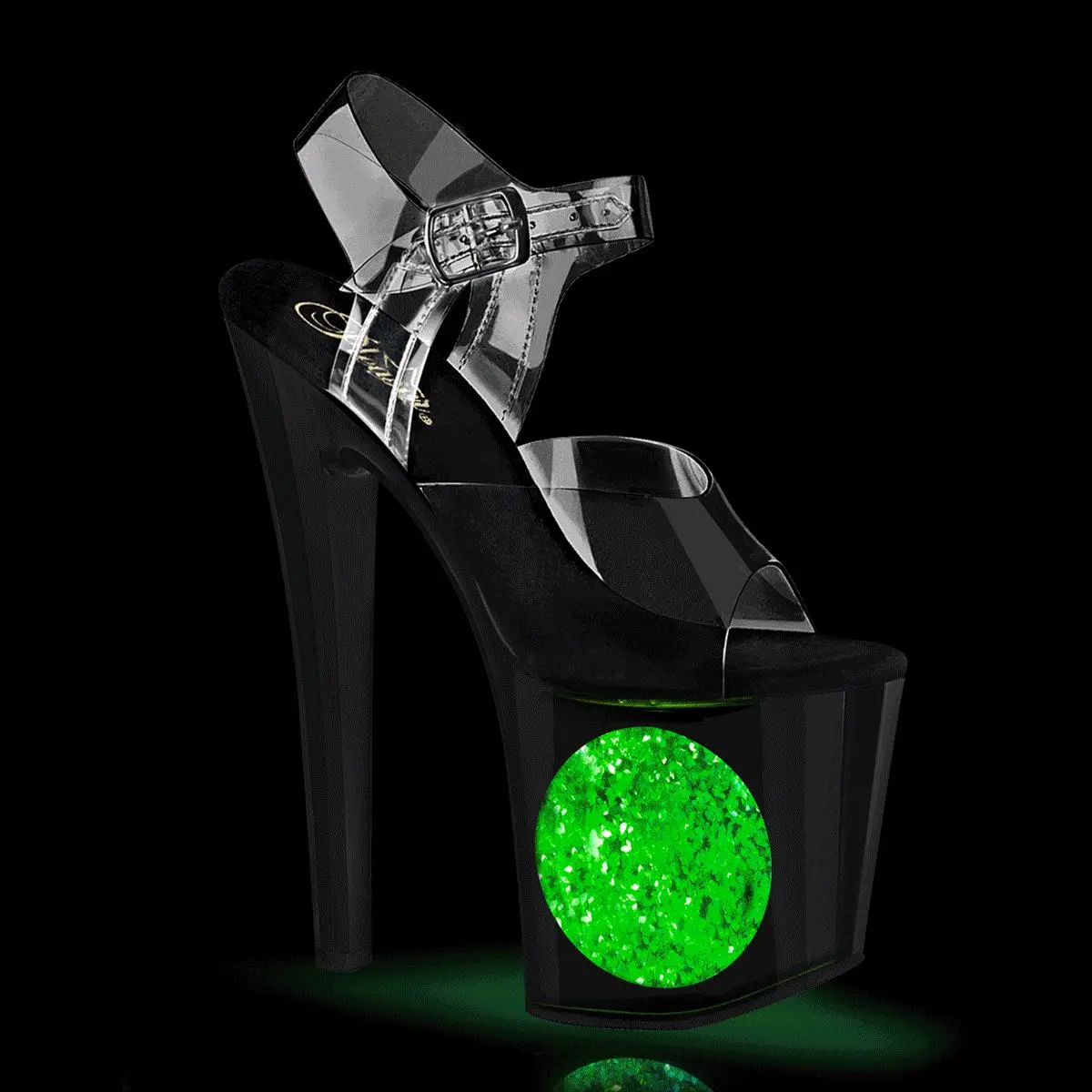 Women's Platform High Heel Sandals - 7.5in Heel, 3 1/2" Platform, Ankle Strap, Black Silver Glitter, USB-Chargeable LED Lights, Prismatic Lines, Color-Changing Options, Fashion Footwear