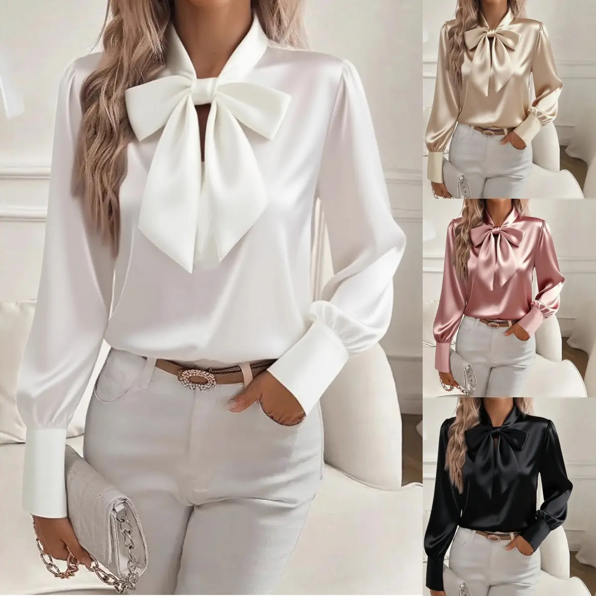 Women’s Satin Bow Tie Neck Blouse, Long Sleeve Solid Color Pullover Shirt, Elegant Work Office Top, Wrinkle-Resistant Look Dressy Blouse for Business, Daily Wear, Dinner and Fall Outfits S-3XL