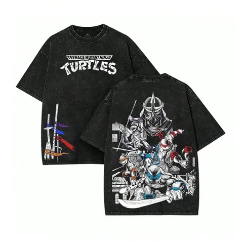 Men's Oversized Vintage Black Washed Short-Sleeve Round Neck TMNT Graphic Tee Top - Model A, Front "Turtles" Logo, Side Weapon Flags, Full Back TMNT & Shredder Art, Street-Style Fit for Retro Anime Fans, Vintage Cartoon/Stylized Character Men's T-Shirts
