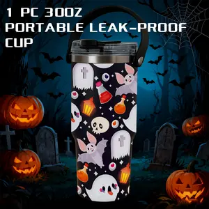 1 Pc 30 Oz Stainless Steel Insulated Tumbler with Handle and Flip Lid, Cute Ghosts, Magic Potions and Bat Halloween Pattern, Double-Wall Vacuum Cup, 100% Leak-Proof, Keep Drinks Hot 12H / Cold 24H, Spooky Fun Gift for Home, Office, and Holiday Parties.