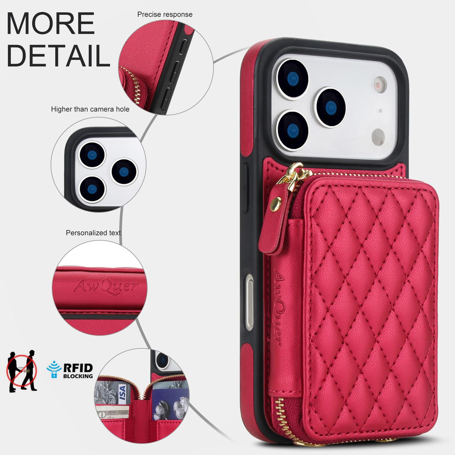 Crossbody Wallet Phone Case for iPhone 17 Pro Max 16 15 14 13 12 11, PU Leather RFID Blocking Flip Cover with Zipper Pocket Card Holder Kickstand Wrist Strap Adjustable Lanyard