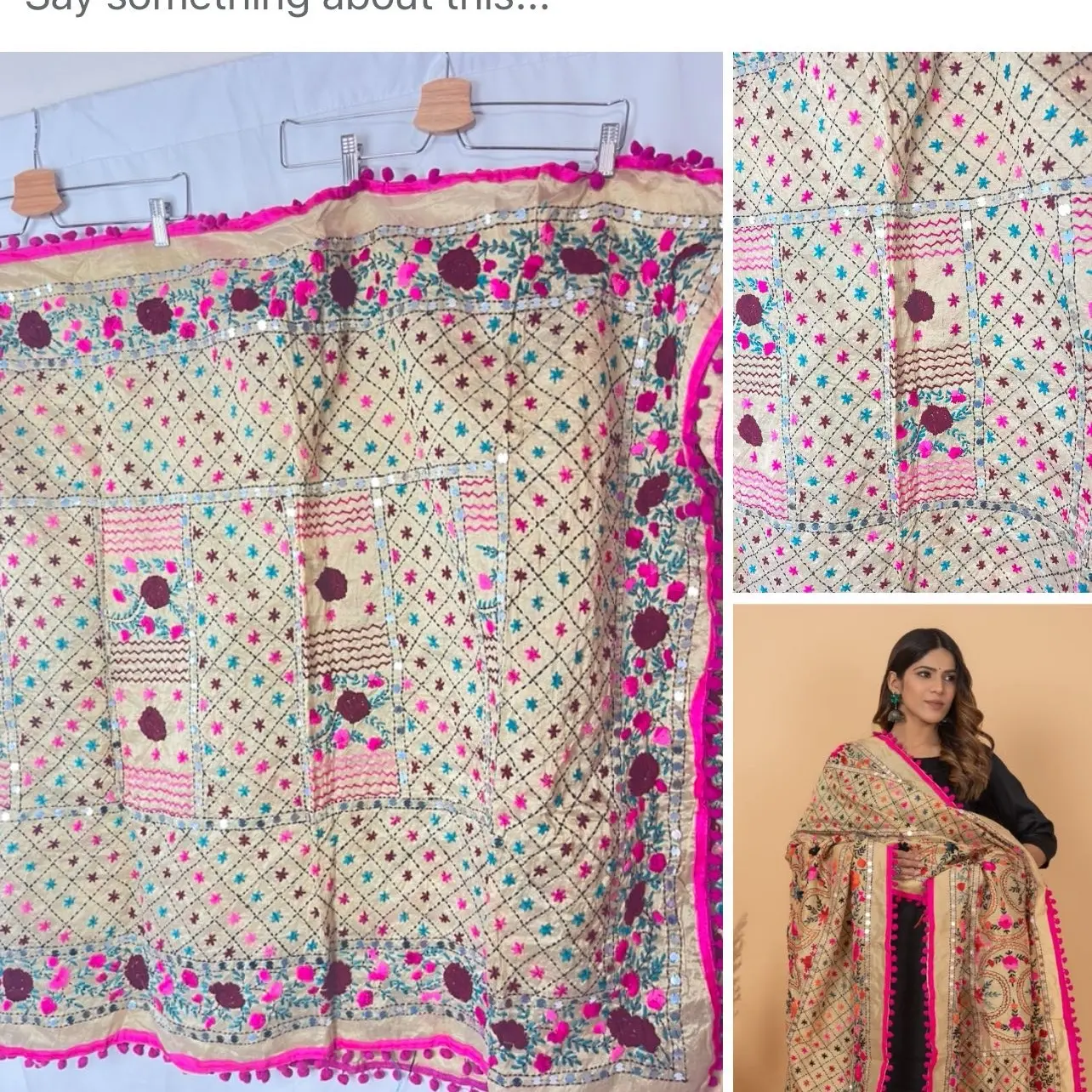 Shawl Pink Raw Silk Handmade Phulkari Dupatta mirror and thread Pink Pom pom
