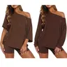 Fisoew Women's 2-Piece Lounge Set - Off-Shoulder Oversized Top & High-Waist Biker Shorts, Breathable Buttery-Soft Stretch Fabric, Casual Loungewear/Pajama Set for Home, Summer, Travel