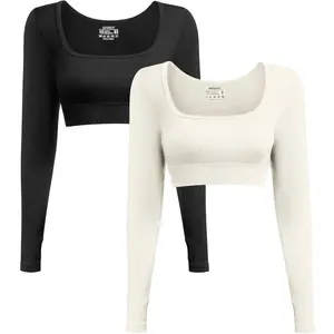 Women's Long Sleeve Crop Top Ribbed Seamless Workout Exercise Top 2 Pack