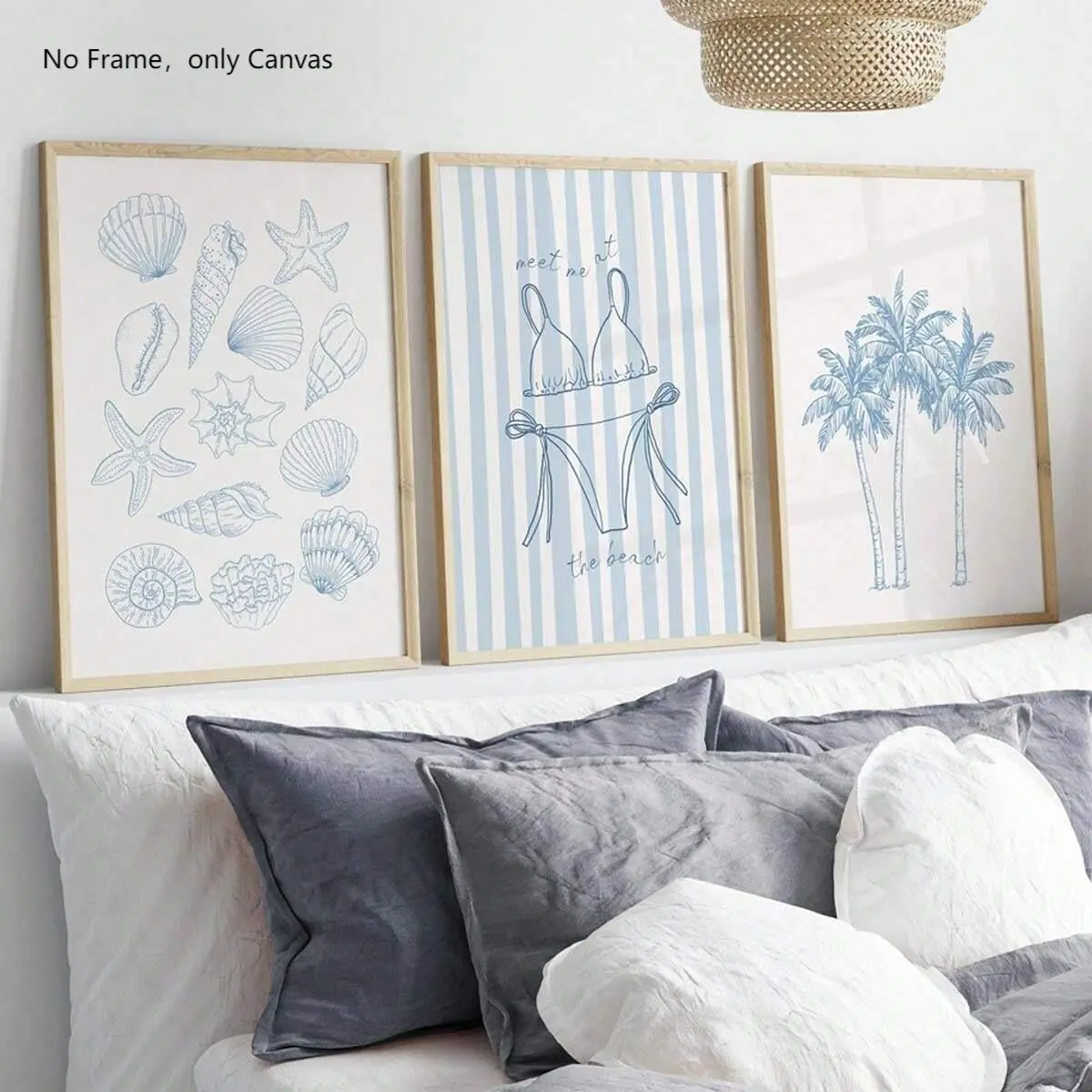 Beach Themed Unframed Painting, 3 Counts/set Seashell & Palm Tree Pattern Canvas Wall Art Print, Hanging Wall Decor for Home Living Room Bedroom, Ornaments